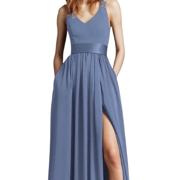 Vera Wang White V-Neck Steel Blue Halter Gown with Sash Size 0 - Picture 2 of 13